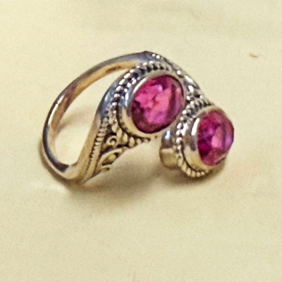 STERLING SILVER RING, ORCHID QUARTZ BYPASS 2 STONES, SIZE 8, FACETTED & FILIGREE - Picture 7 of 10